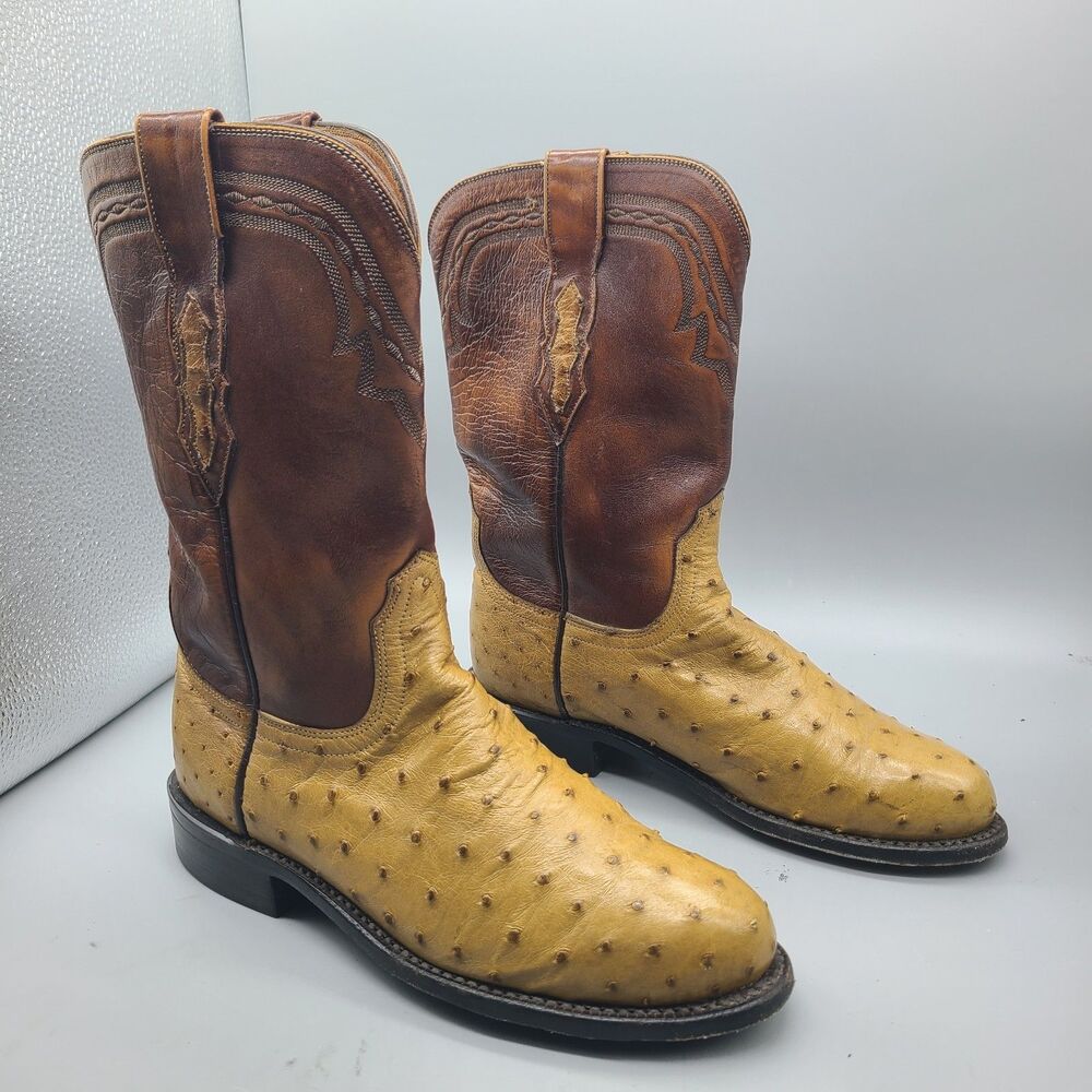 Lucchese 2000 Full Quill Ostrich Brown Yellow Cowgirl Boots Women's sz 6.5 B